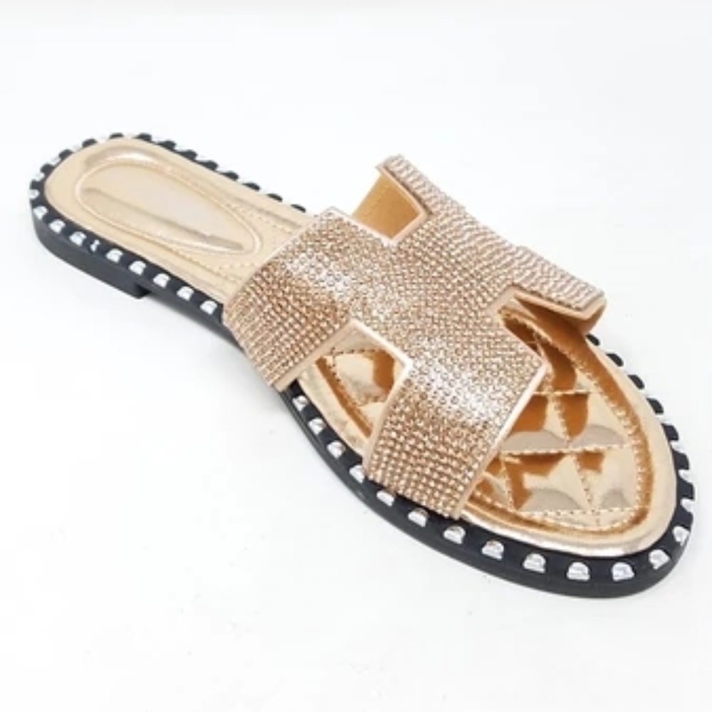 New Rose Gold Sparkle Cut-Out Slide Sandals - Picture 2 of 8